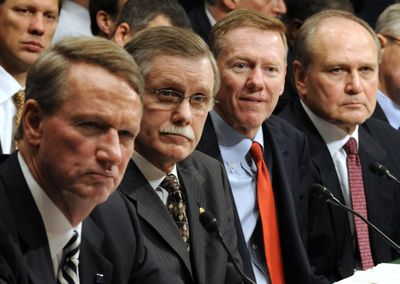 From left, GM CEO Richard Wagoner, UAW President Ron Gettelfinger, Ford CEO  Alan Mulally, and Chrysler CEO  Robert Nardelli listen during Thursday’s Senate hearing. (Associated Press / The Spokesman-Review)