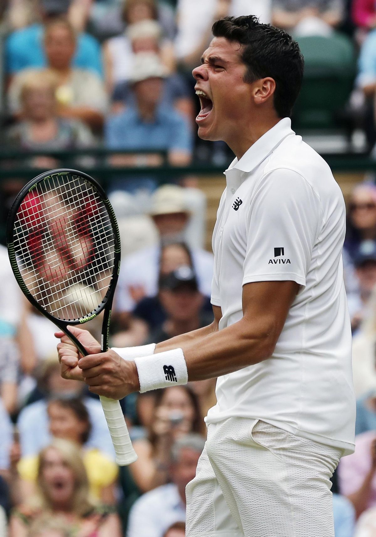 Milos Raonic  celebrates after beating Roger Federer  in their Wimbledon men’s singles semifinal match on Friday. (Ben Curtis / Associated Press)