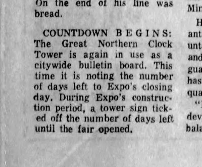 A banner, counting down the final days of Expo ‘74, appeared on the Great Northern Clocktower.  (Spokesman-Review archives)