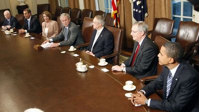 President Bush, fourth from left, meets with presidential candidates Sen. John McCain, R-Ariz., left, and Sen. Barack Obama, D-Ill., right, and congressional leaders in the White House on  Thursday.  (Associated Press / The Spokesman-Review)