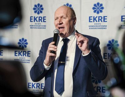 In this March 4 photo, Chairman of the Estonian Conservative People's Party (EKRE) Mart Helme speaks at the headquarters after parliamentary elections in Tallinn, Estonia. (Tanel Meos / File/Associated Press)