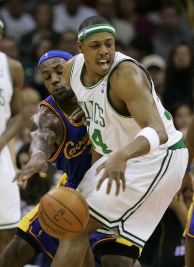 LeBron James, left, scored 38 points to lead the Cavs past the Celtics.  (Associated Press / The Spokesman-Review)
