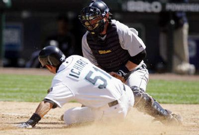 
Tigers catcher Vance Wilson tags out Seattle's Ichiro Suzuki at the plate in the fifth inning. Ichiro was attempting to score from first. 
 (Associated Press / The Spokesman-Review)