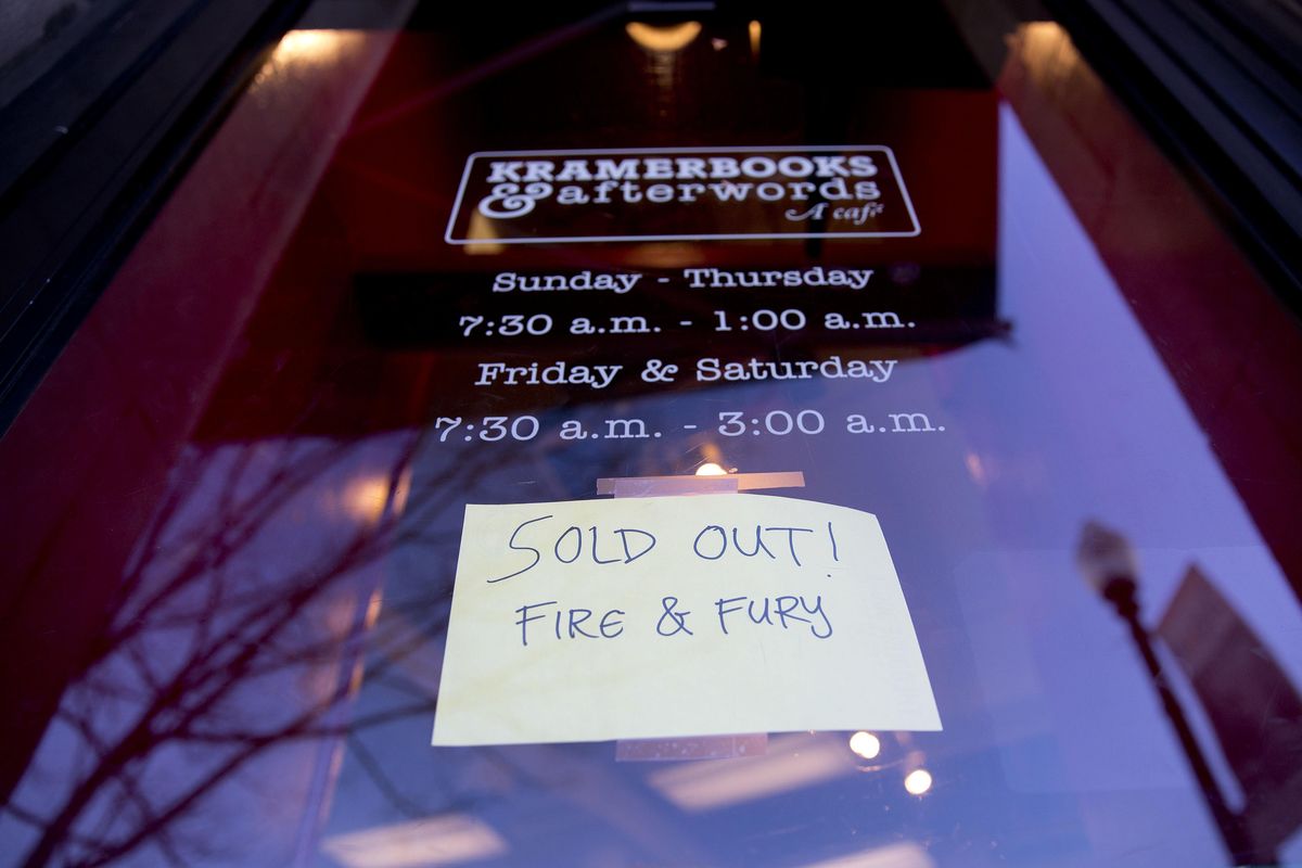 Sign posted at the door for Kramerbooks & Afterwords Cafe indicating that the book :Fire and Fury: Inside the Trump White House” is sold out at the bookstore located in the Dupont Circle neighborhood in Washington, Friday, Jan. 5, 2018. (Pablo Martinez Monsivais / Associated Press)