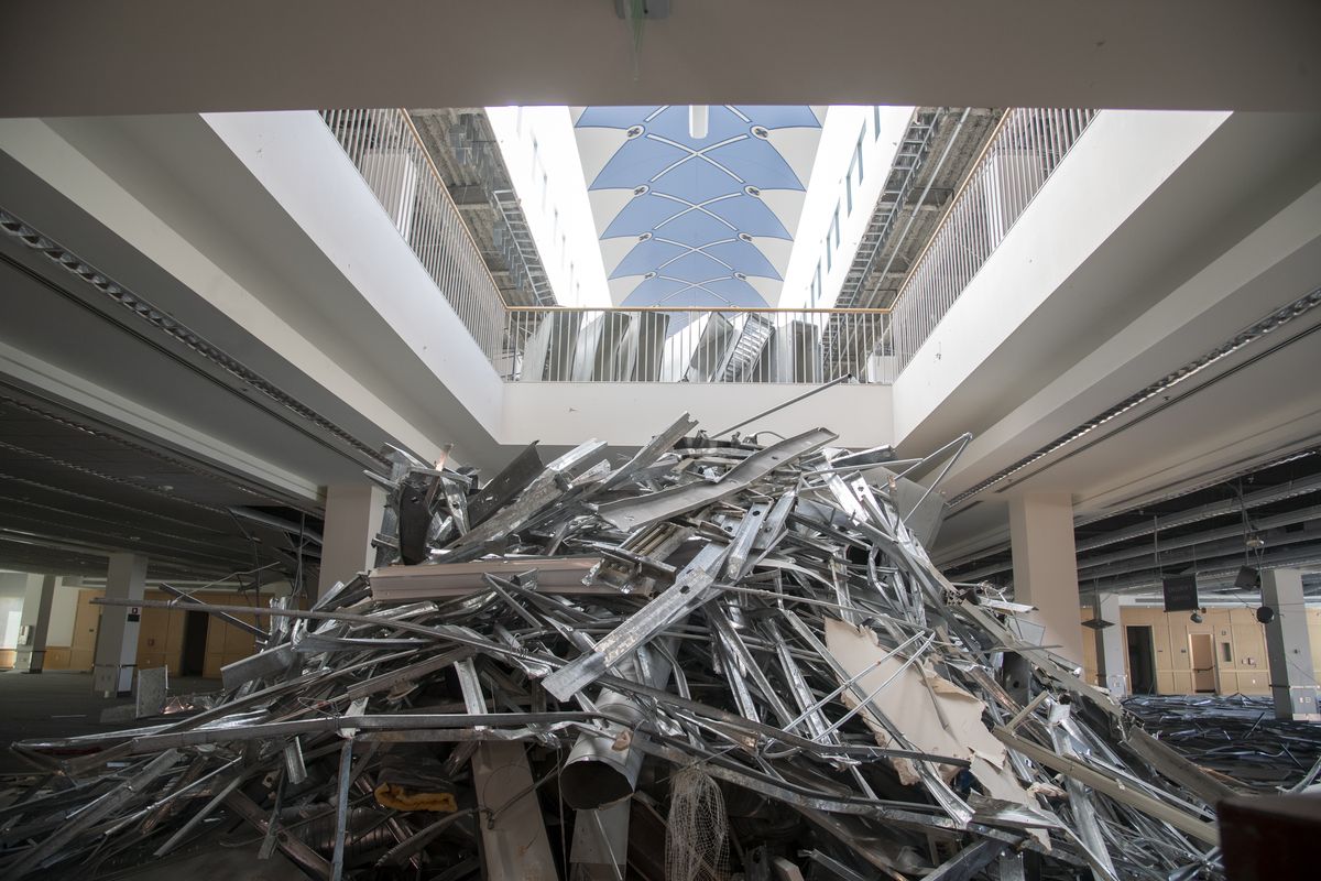 The second floor of the Spokane Public Library is being stripped of lighting, false ceilings and other infrastructure to prepare for the renovation that will add new amenities to the downtown library. Shown Tuesday, August 11, 2020. (Jesse Tinsley/The Spokesman-Review)