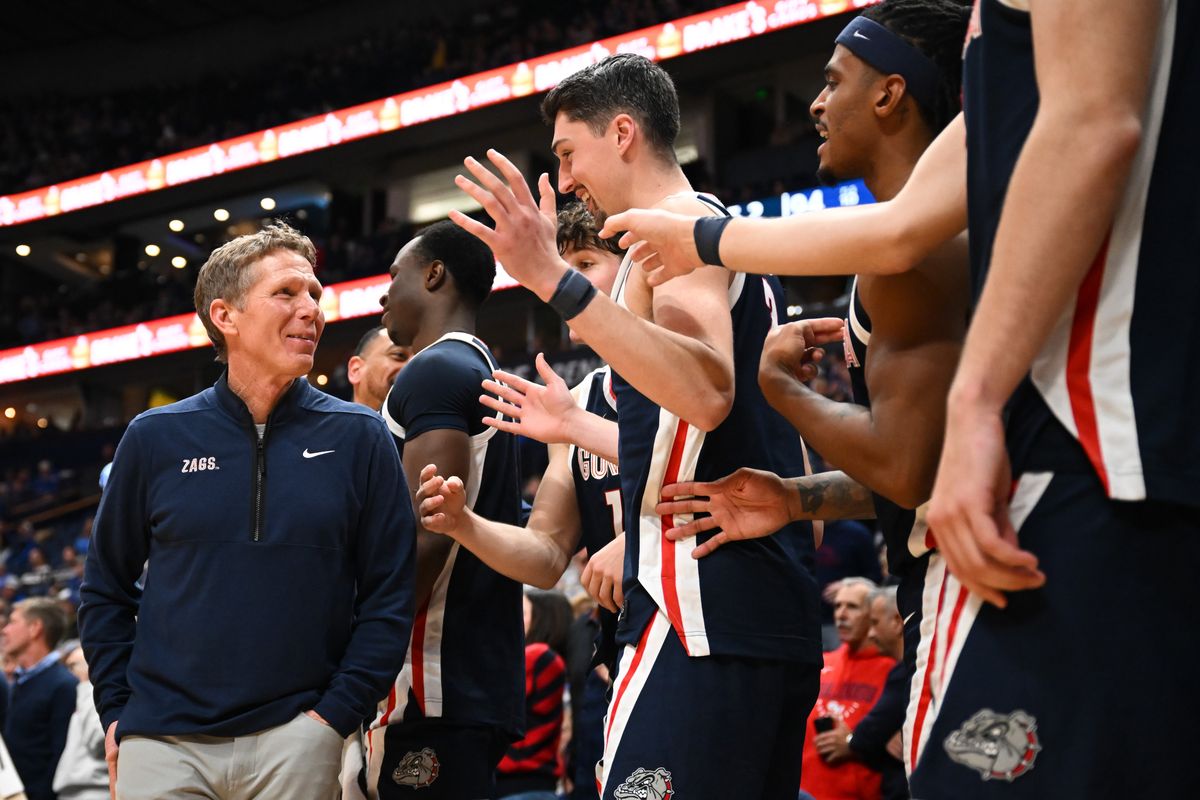 Gonzaga Bulldogs head coach Mark Few smiles at guard Steele Venters (2) and his teammates during the second half of a college basketball game on Friday, Dec 5, 2025, at Bridgestone Area in Nashville, Tenn. Gonzaga won the game 94-59. (Tyler Tjomsland / The Spokesman-Review)