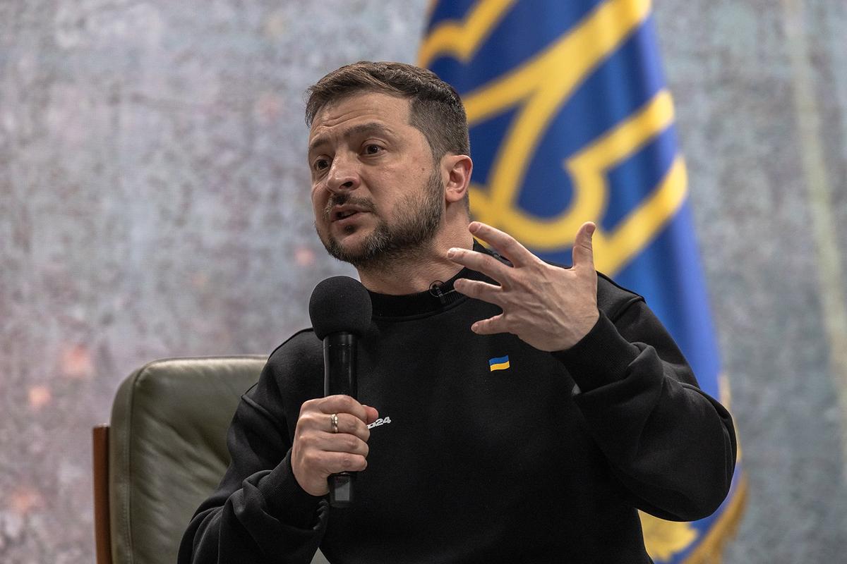 Ukrainian President Volodymyr Zelenskyy speaks to the media during a press conference as Ukraine marks one year since Russia’s large-scale invasion, on Feb. 24, 2023, in Kyiv, Ukraine. (Roman Pilipey/Getty Images/TNS)  (Roman Pilipey/Getty Images North America/TNS)