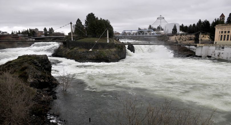 Present day: The view of Spokane’s Middle Falls shows the change over the 120-plus years since white settlers began using the waterway to produce the energy to mill grain, saw lumber and produce electricity. (Jesse Tinsley)