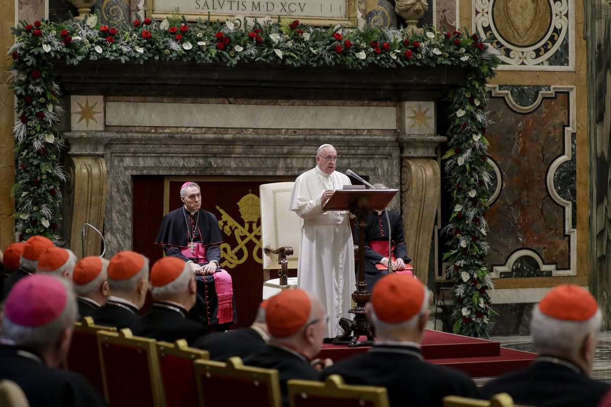 Pope Francis delivers his speech on the occasion of his 2019 Christmas greetings to the Roman Curia, in the Clementine Hall at the Vatican.  (Andrew Medichini)