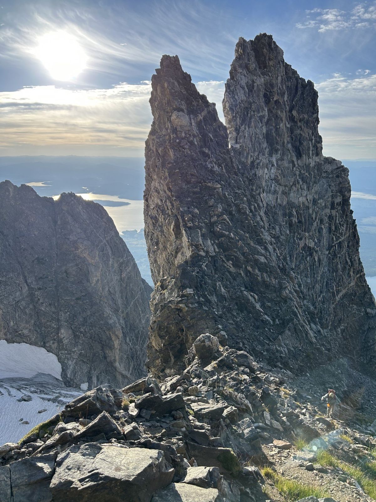 The West Horn of Mount Moran, right, and a gendarme sub-tower poke holes in the sky in Grand Teton National Park.  (Courtesy of Hugh Safford)