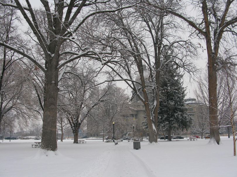 Snow around the state Capitol on Wednesday (Betsy Russell)