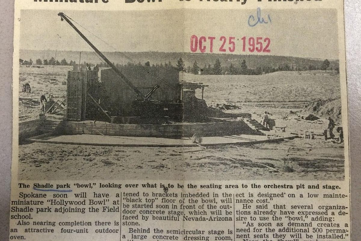 The Spokane Daily Chronicle reported in 1952 that construction was underway on the Shadle Park amphitheater. It was torn down in 2016. (The Spokesman-Review)