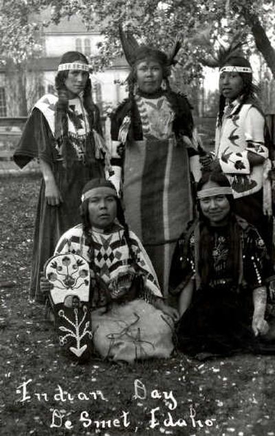 
Coeur d'Alene Tribe women wear traditional clothing outside the Sacred Heart Church in DeSmet, Idaho, in this early 1920s photo. The tribe is the subject of a free seminar beginning tonight. Courtesy of the Museum of North Idaho
 (Courtesy of the Museum of North Idaho / The Spokesman-Review)