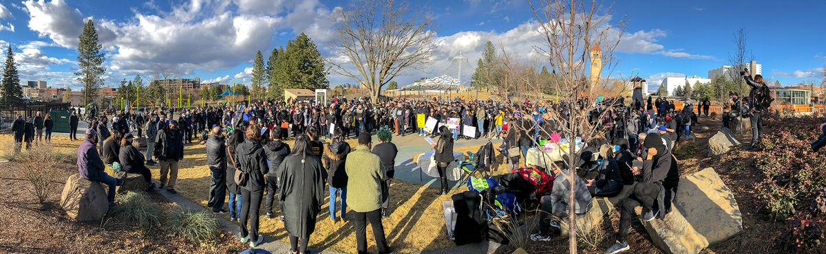Hundreds of people gather for the Stop Asian Hate: Spokane Vigil, Saturday, March 20, 2021, in Riverfront Park.  (DAN PELLE/THE SPOKESMAN-REVIEW)
