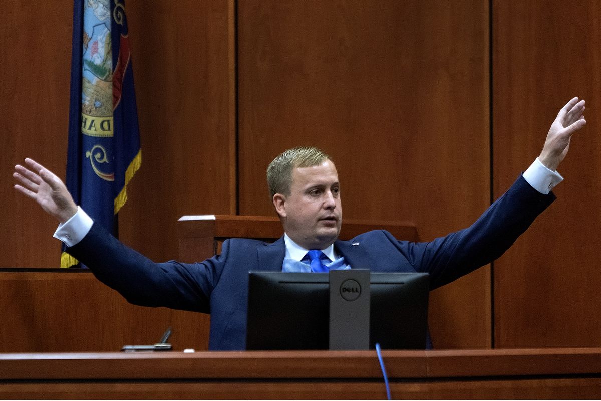 Former Idaho state Rep. Aaron von Ehlinger testifies on his own behalf during Day 3 of his rape trial at the Ada County Courthouse, on April 28 in Boise.  (Associated Press)