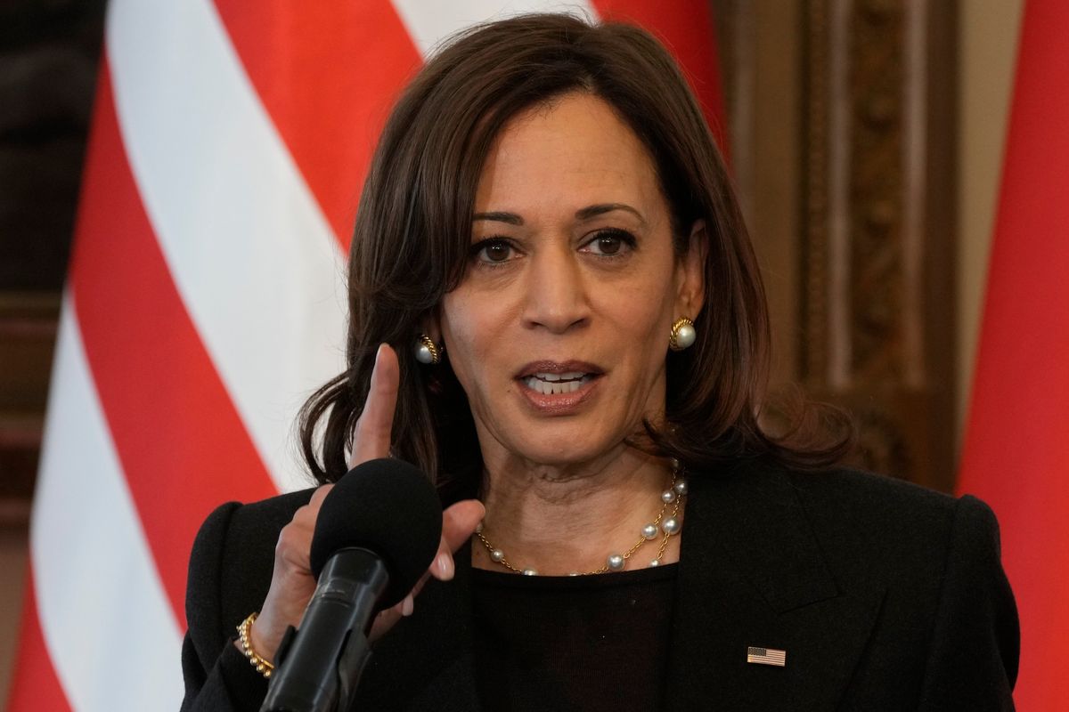 US Vice President Kamala Harris speaks during a joint press conference with Poland