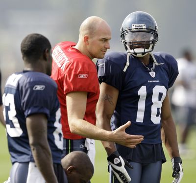 Associated Press The options are growing for Seattle Seahawks quarterback Matt Hasselbeck, center, with receivers Deion Branch, left, and Koren Robinson ready to play or almost ready. (Associated Press / The Spokesman-Review)