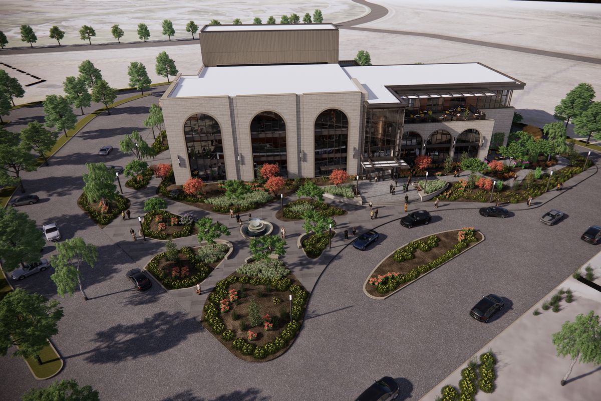 This rendering shows exterior front the proposed $45 million Spokane Valley Performing Arts Center at 13609 E. Mansfield Ave.  (Courtesy rendering )