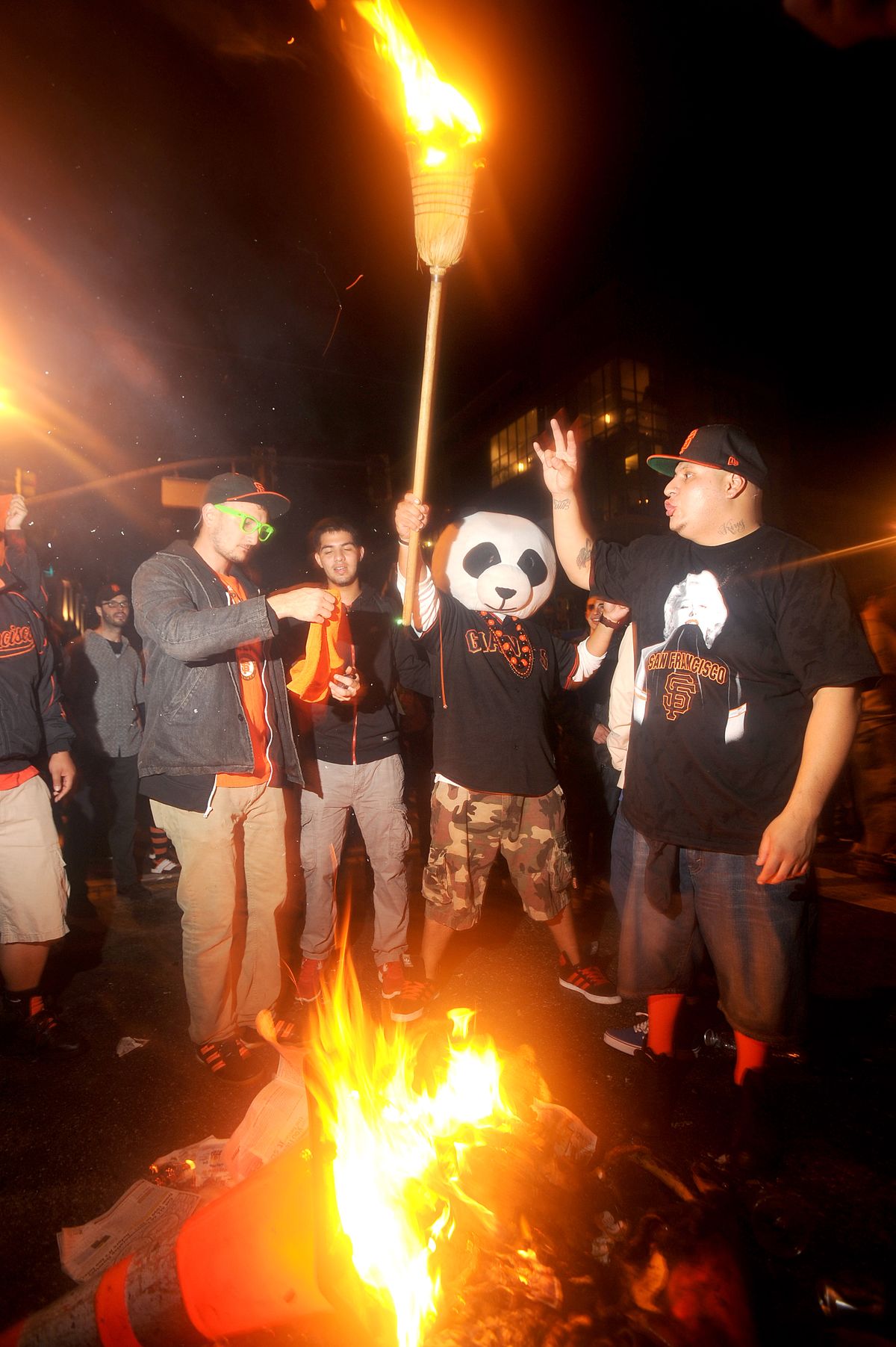 San Francisco Giants fans celebrate outside PacBell Park on Sunday, Oct. 28, 2012, in San Francisco after the Giants swept baseball