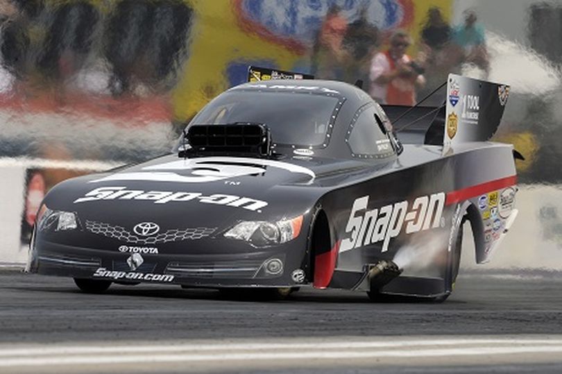 Two-time Funny Car world champion Cruz Pedregon powered his Snap-on Tools Toyota Camry to the win over Tim Wilkerson in Houston. (Photo courtesy of NHRA)