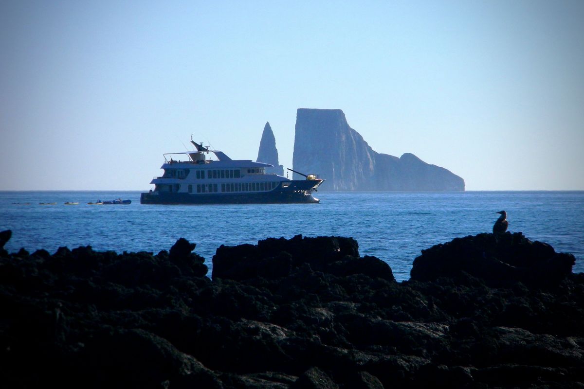 The 20-guest expedition vessel Origin, operated by a company called Ecoventura, sails off the coast of the Galápagos Islands.  (ECOVENTURA)