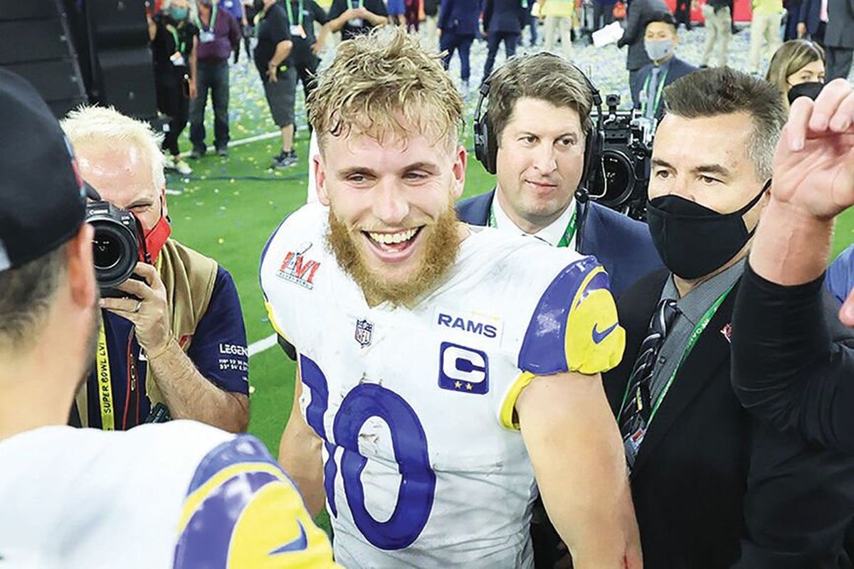 Los Angeles Rams wide receiver Cooper Kupp celebrates after a Super Bowl victory over Cincinnati in Los Angeles on Feb. 13.  (Jim Meehan / The Spokesman-Review)