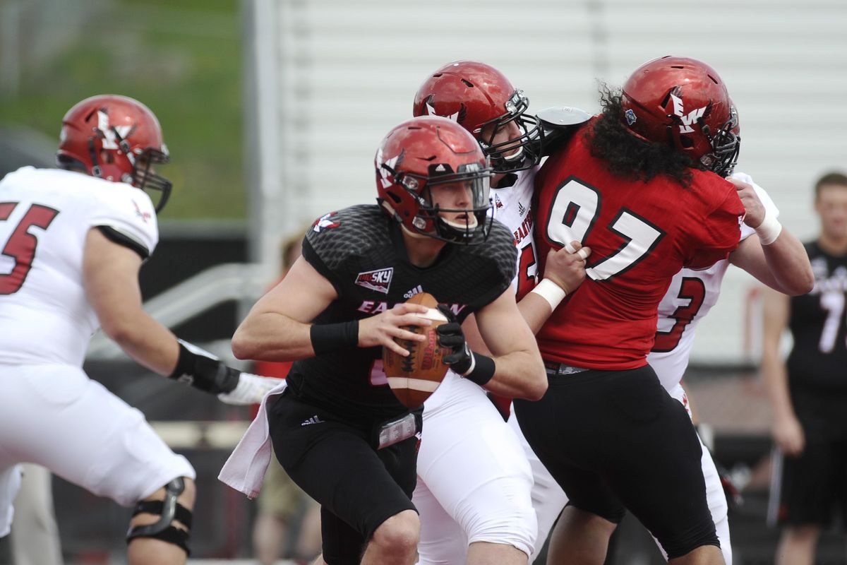 EWU quarterback Gage Gubrud (8) scrambles during the Red-White Spring football game at Roos Field in Cheney, Saturday, April 29, 2017. Red would go onto win by a final score of 24-17. (James Snook / Special to The Spokesman-Review)