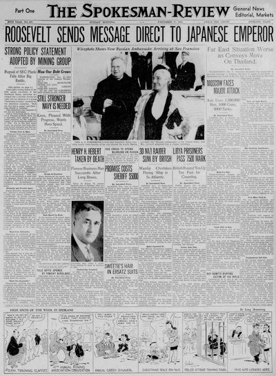 Dec. 7, 1941 (article written on Dec. 6) – Still Stronger Navy Is Needed. Knox, Pleased With Progress, Wants More Speed. Secretary Knox told President Roosevelt today that the American navy was the finest in the world, but must be increased rapidly to be a match for any combination of powers. “Our aim must always be to have forces sufficient to enable us to have complete freedom of action in either ocean while retaining forces in the other ocean for effective Defense of our vital security,” the navy secretary said in his annual report. (Spokane Daily Chronicle archives)
