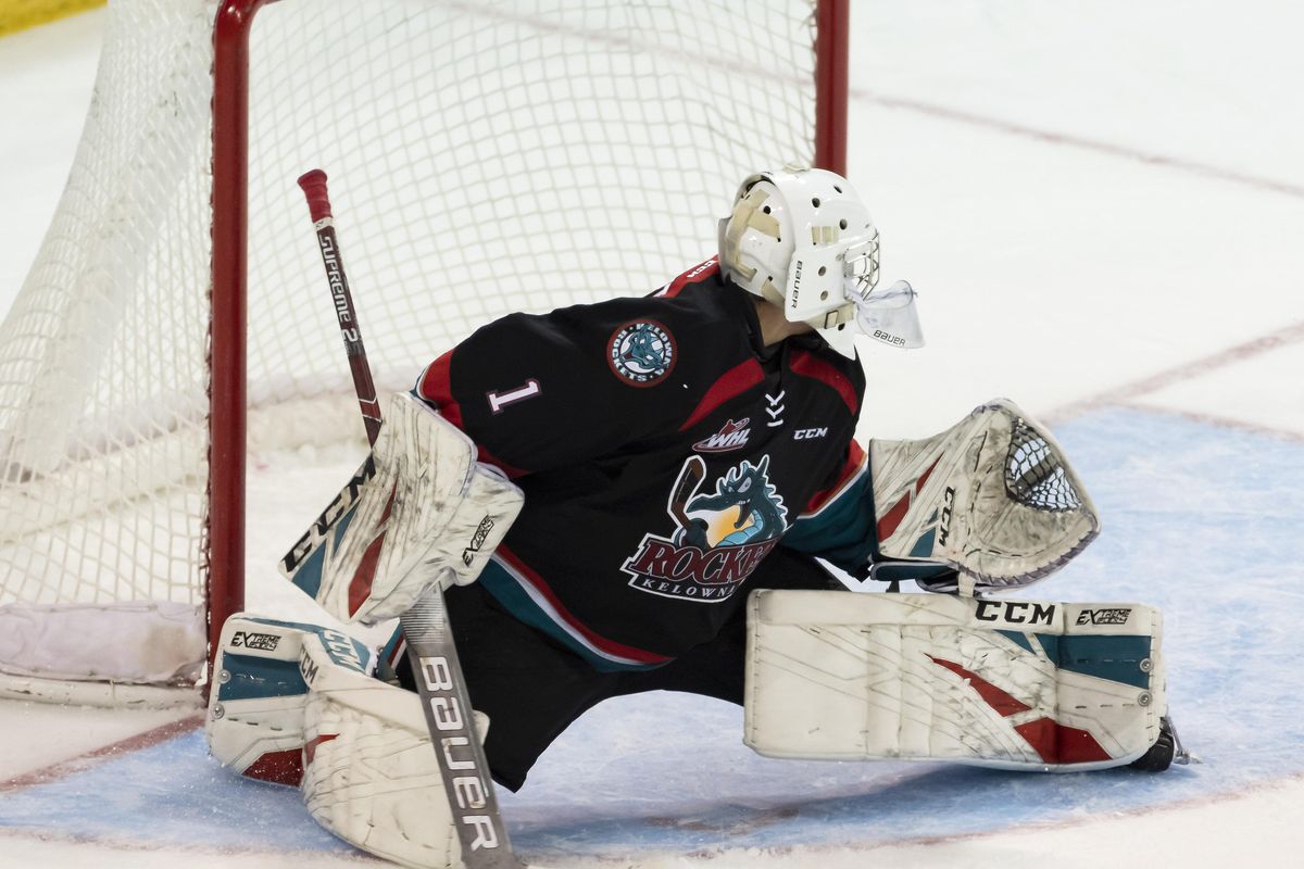 James Porter defends the Kelowna Rockets’ goal during a game against the Spokane Chiefs on Feb. 1. The Chiefs won that game 4-0. The two teams will meet up again on Friday. (Colin Mulvany / The Spokesman-Review)