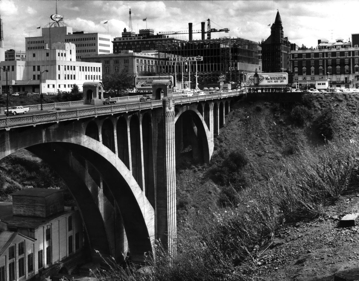 The steel girders of the new federal courthouse, in the upper center of the photos, is seen looking south from across the Spokane River gorge and the Monroe Street Bridge in this 1966 photo. The boxy architecture of the nine-story building was panned by locals for its homely exterior, but has been a part of the Spokane skyline since it opened in October of 1967. The building was renamed the Thomas S. Foley United States Courthouse in 2001. (S-R archives)