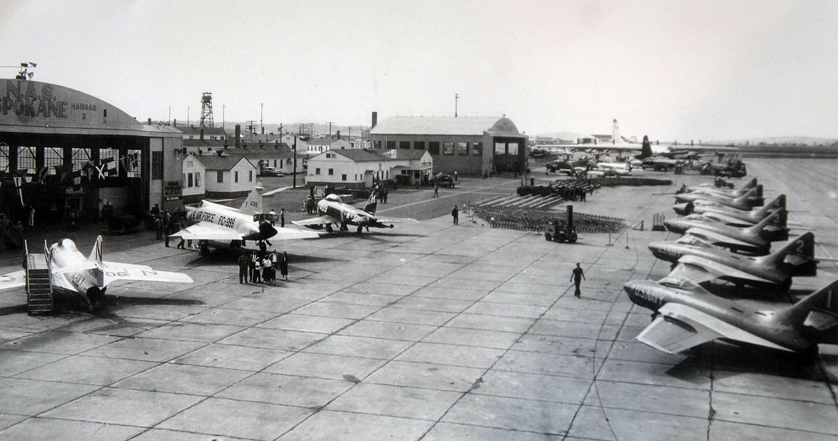 The old Naval Air Station hosted air shows that included the Blue Angels. In the line on the right are the Blue Angels planes. (Brian Plonka / The Spokesman-Review)