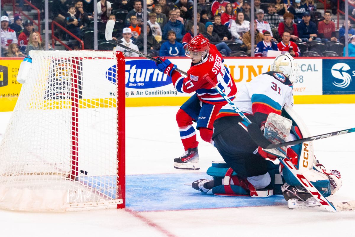 Spokane Chiefs forward Carter Streek scores his second goal of the game in an 8-5 win over the Kelowna Rockets at the Arena on Feb. 4, 2023.   (Larry Brunt/Spokane Chiefs)