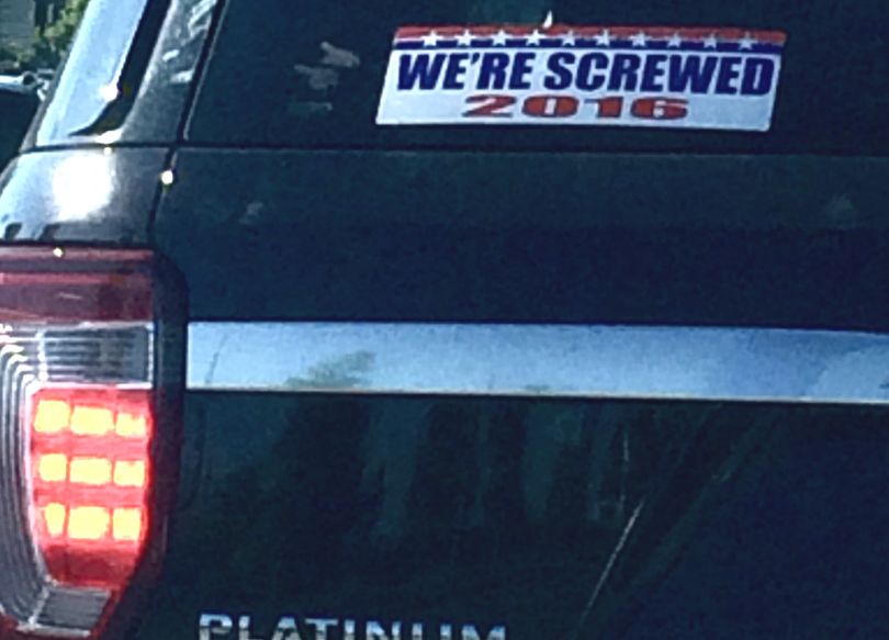 SR photog Kathy Plonka snapped this photo with her cell phone en route to the office today, at s/b Northwest Boulevard, near Riverstone. It appears that the driver isn't impressed with the presidential nominees from the major parties.