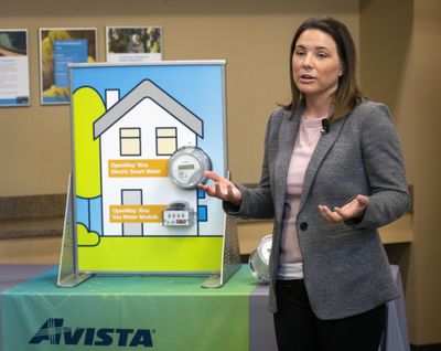 Heather Rosentrater, Avista’s vice president of energy delivery, discusses the utility’s planned rollout of smart meter technology during a news conference, Monday, May 21, 2018, at the Avista headquarters in Spokane,. (Colin Mulvany / The Spokesman-Review)