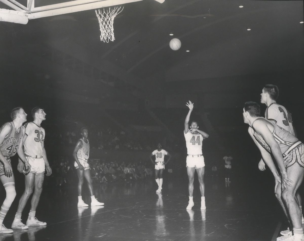 Gonzaga’s Frank Burgess tosses the free throw that produced the winning point in an 80-79 hoop conquest of Montana State last night at the Coliseum. The shot came with just six seconds left.  (The Spokesman-Review photo archive)