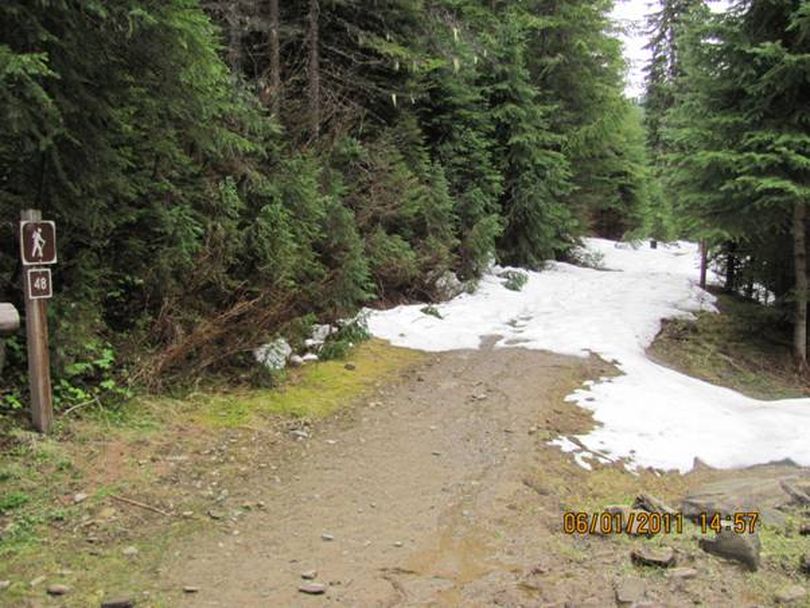 Snow-covered trailhead for St. Joe River Trail 48 near Spruce Tree Campground on June 1, 2011. (Jerry Hugo / Idaho Fish and Game Department)