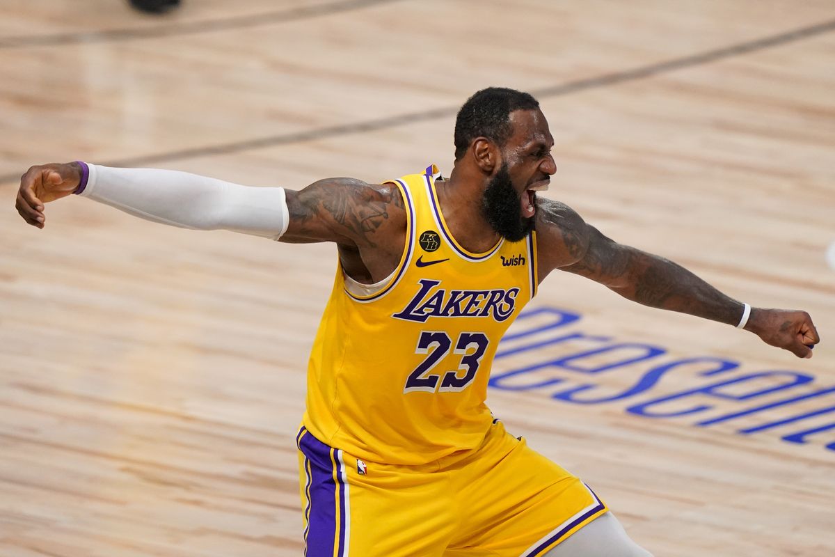 Los Angeles Lakers forward LeBron James celebrates during the second half in Game 4 of basketball