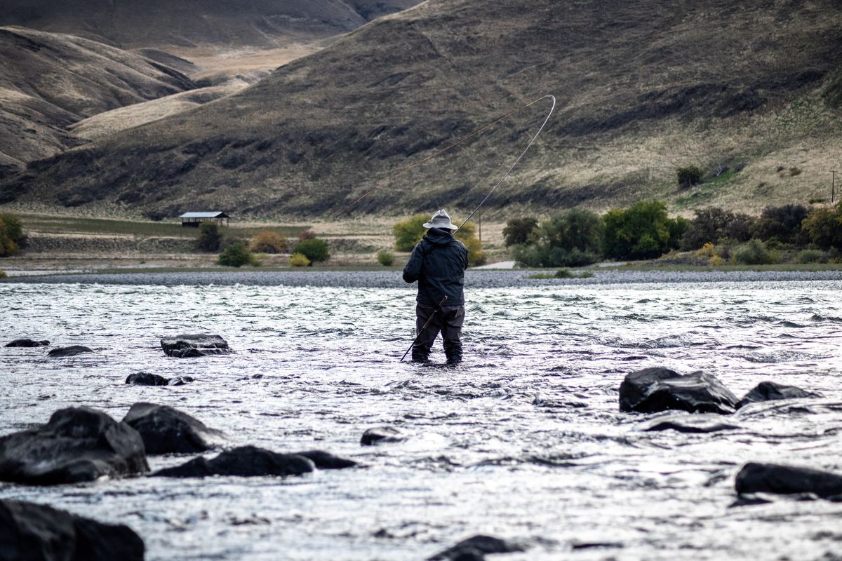 A fly-fisher casts for steelhead on the Snake River on Oct. 23 in southeast Washington. (Michael Wright/The Spokesman-Review)