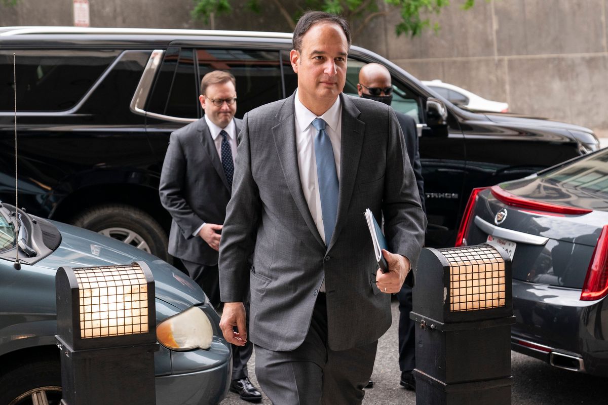 Michael Sussmann, a cybersecurity lawyer who represented the Hillary Clinton presidential campaign in 2016, arrives to the E. Barrett Prettyman Federal Courthouse, Monday, May 16, 2022, in Washington. Sussmann is accused of making a false statement to the FBI during the Trump-Russia probe.  (Evan Vucci)