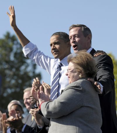 President Barack Obama stands with Maryland Gov. Martin O’Malley and Sen. Barbara Mikulski at a campaign rally  Thursday in Bowie, Md.  (Associated Press)