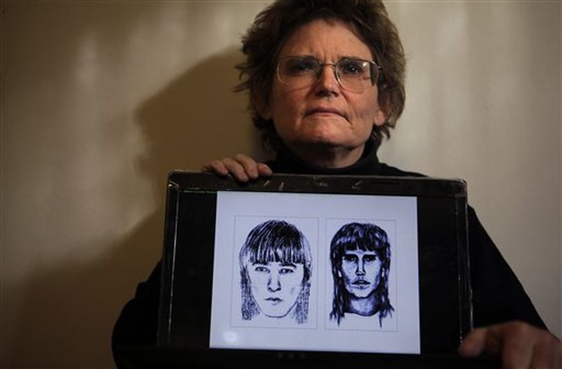 Forensic genealogist Colleen Fitzpatrick poses with her laptop showing two composite sketches of a suspect in the 1991 killing of a Washington teenager, in Huntington Beach, Calif., Wednesday, Jan. 11, 2012. The analysis on a DNA profile from the suspect shows that he is distantly related to three passengers who arrived in what is now Plymouth, Mass., on the Mayflower in 1620. Fitzpatrick who did the analysis believes there's a decent chance that the killer shares their last name, Fuller. ((AP Photo/Jae C. Hong))