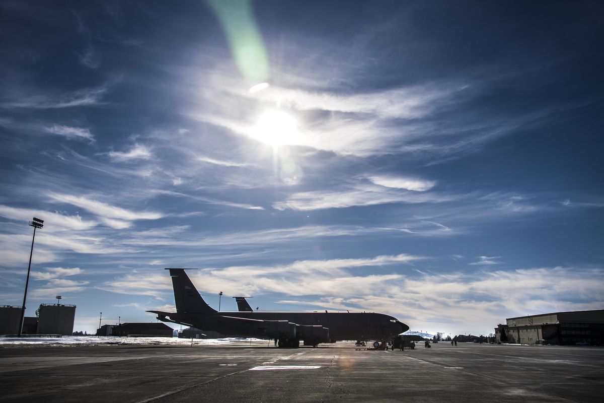 A KC-135 Stratotanker undergoes maintenance at Fairchild Air Force Base, Feb. 14, 2017. (Dan Pelle / The Spokesman-Review)