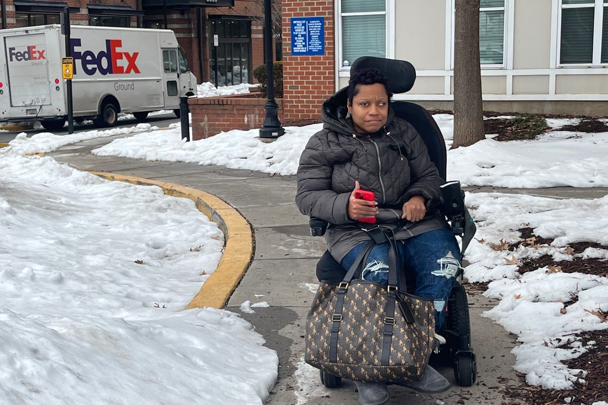 Rochelle Harrod of Hyattsville, Md., uses a motorized wheelchair to get to her job and run errands, but snow and ice on sidewalks and walkways make this difficult. 