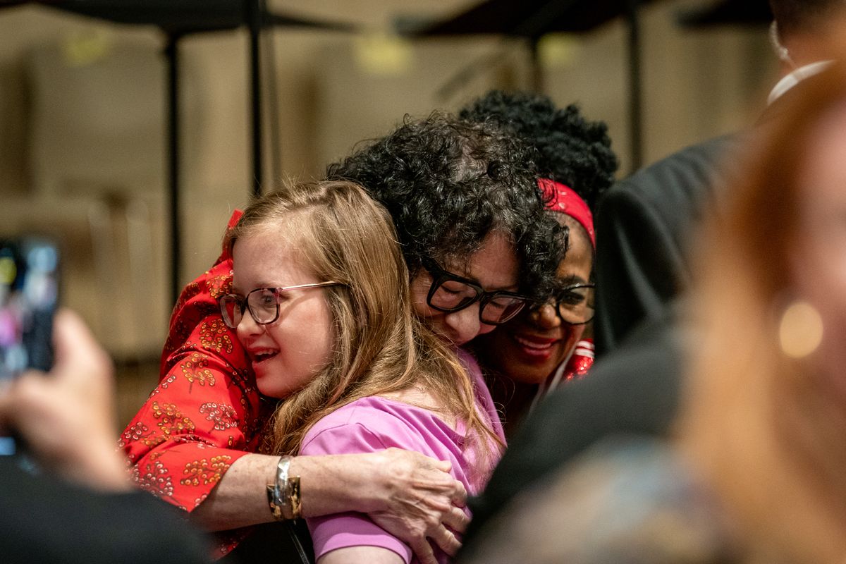 Supreme Court Justice Sonia Sotomayor hugs Lola Kernell, who plays Grace in the Coterie Theater’s musical version of Sotomayor’s children’s book, “Just Ask,” in Kansas City, Mo., this month.   (Christopher Smith/For The Washington Post)