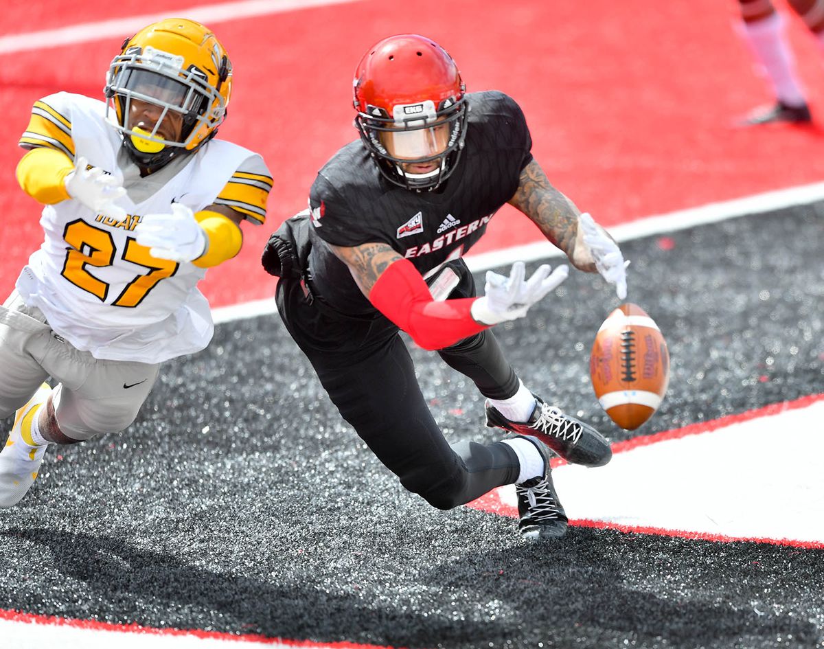 Eastern Washington Eagles wide receiver Talolo Limu-Jones (1) and Idaho Vandals defensive back Tyrese Dedmon (27) during the first half of a college football game on Saturday, April 10, 2021, at Roos Field in Cheney, Wash.  (Tyler Tjomsland/The Spokesman-Review)