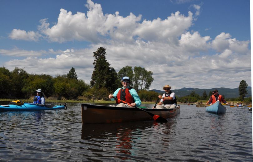 Lynn and Stan Mrzygod lead Spokane Canoe & Kayak Club paddlers out of the Calispell Creek slough area off the Pend Oreille River. (Rich Landers)