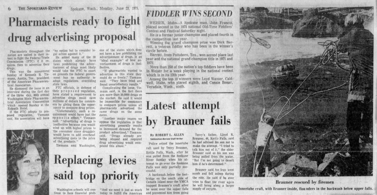 Terry Brauner attempted a go at riding the Spokane Falls, but that endeavor fell short when he had to be rescued by fire crews.   (Spokesman-Review photo archives)