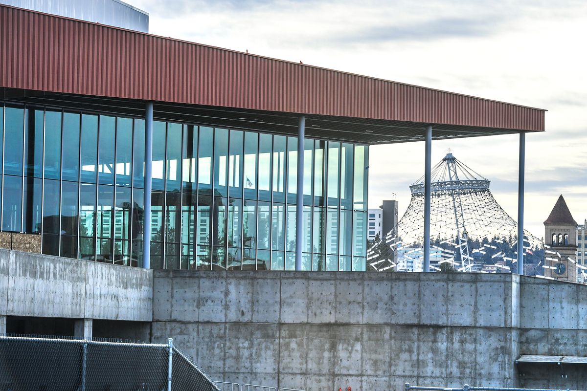 The Podium offers southward views of Riverfront Park, Friday, Jan. 8, 2021, in Spokane. The Podium, which will be complete later this year, will host the 2022 USA Karate National Championships.   (DAN PELLE/THE SPOKESMAN-REVIEW)