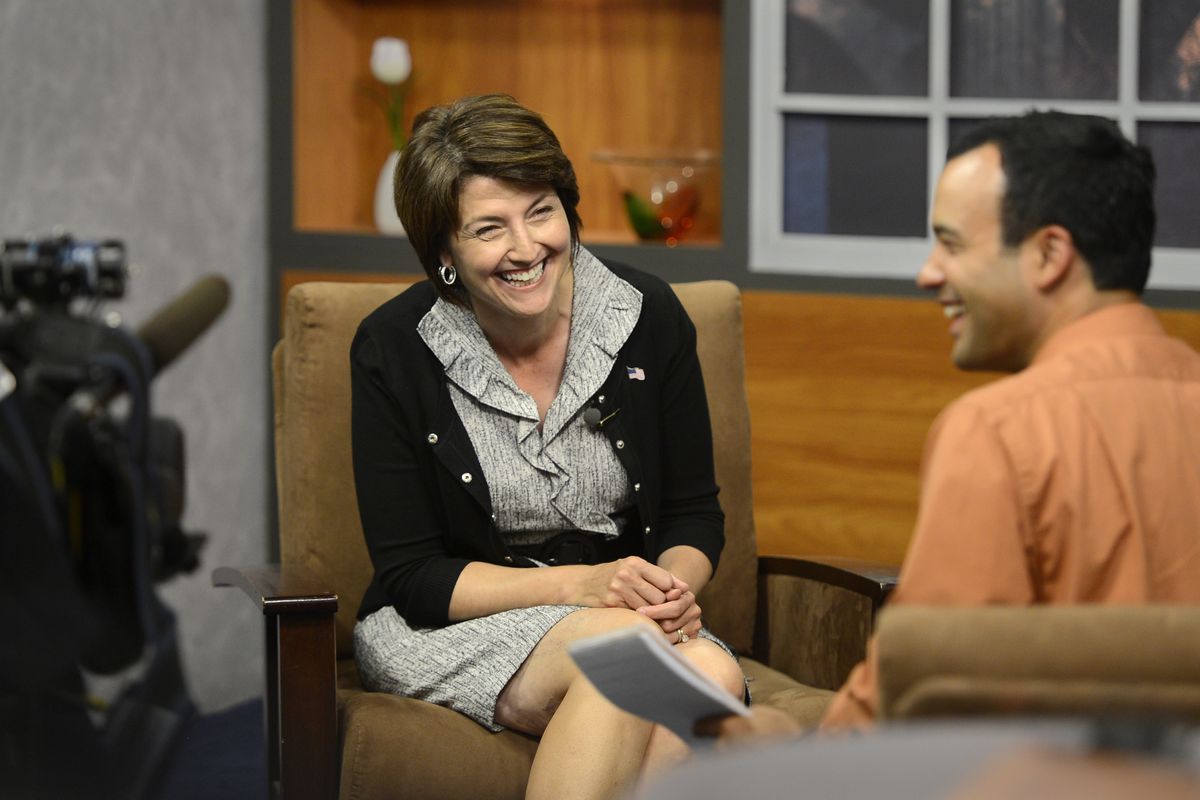 Congresswoman Cathy McMorris Rodgers interviews in the studio with KXLY-TV’s Aaron Luna as election results are released Tuesday. (Dan Pelle)