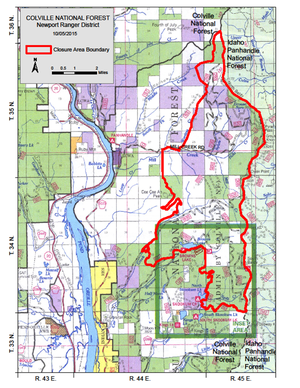 The closure area for the Tower Fire northeast of Newport was reduced on Oct. 6, 2015. (U.S. Forest Service)